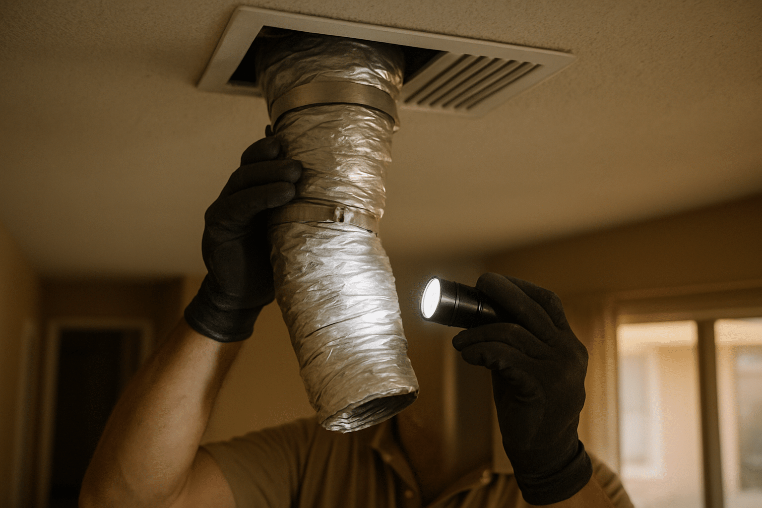 Shows a hands-on duct inspection in a residential interior consistent with central Florida homes, conveying professional