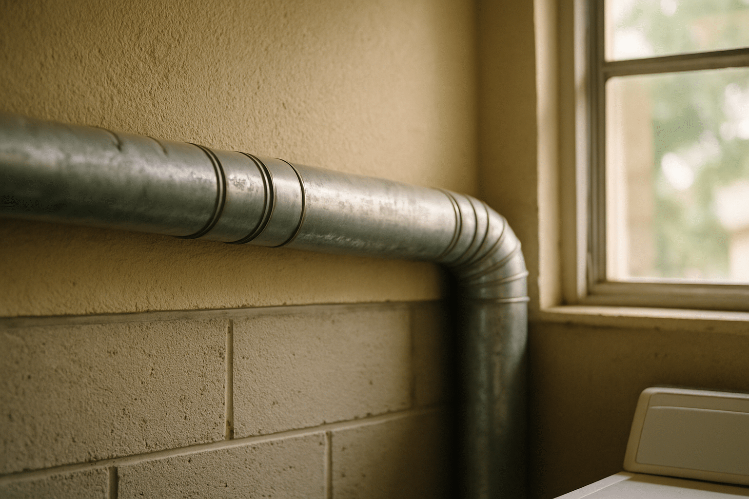 Showing rigid metal ductwork in a recognisably Florida residential laundry-room setting directly illustrates the page's 