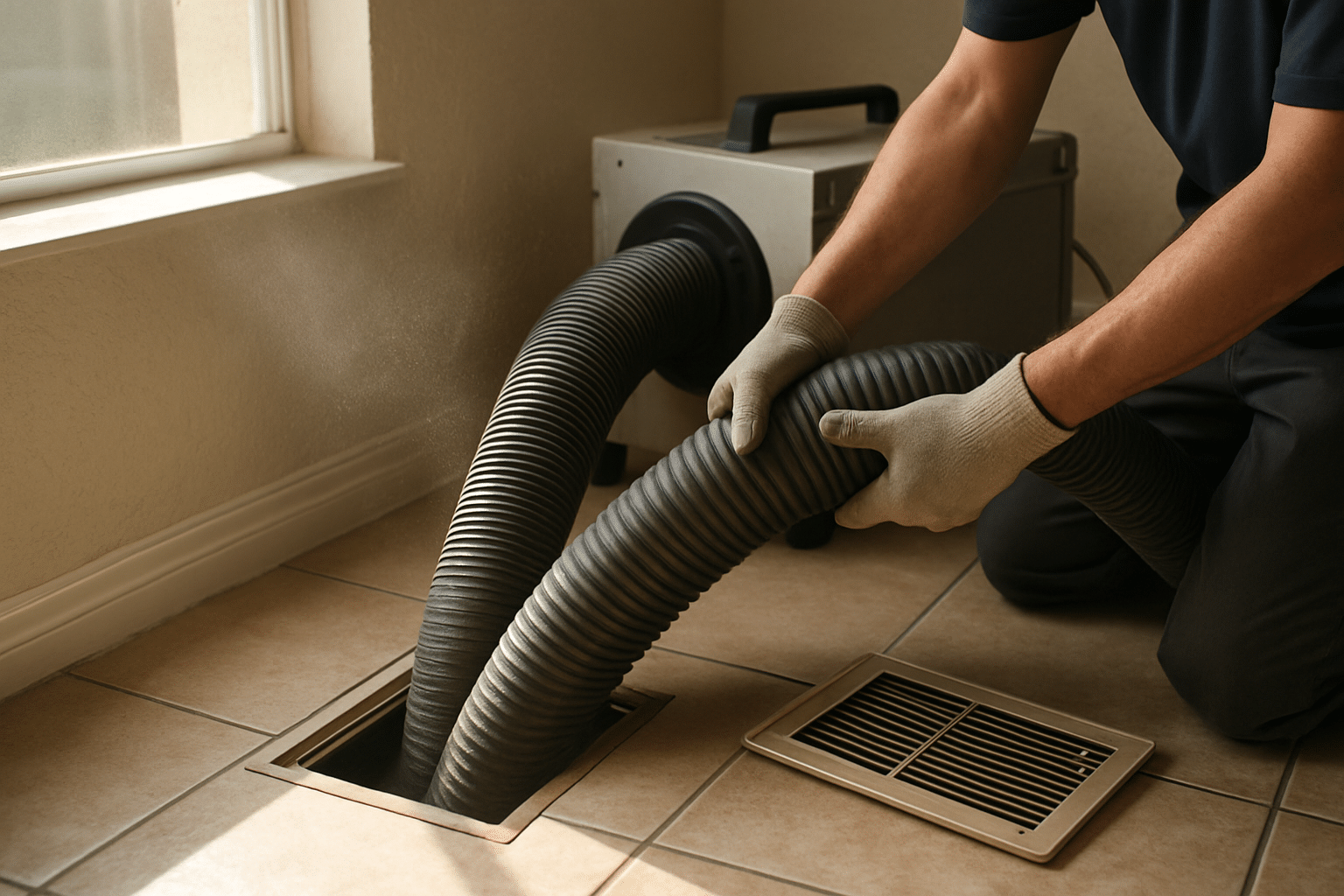 Directly illustrates the professional duct cleaning equipment and process described in the section, grounded in the visu